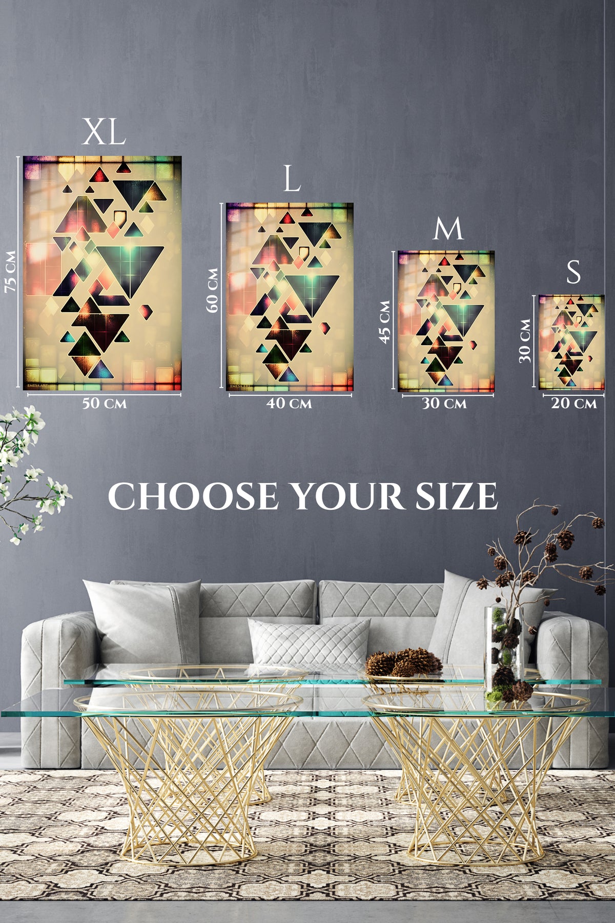 EMESA metal wall art size comparison guide for Layered Geometric Mountain Moon