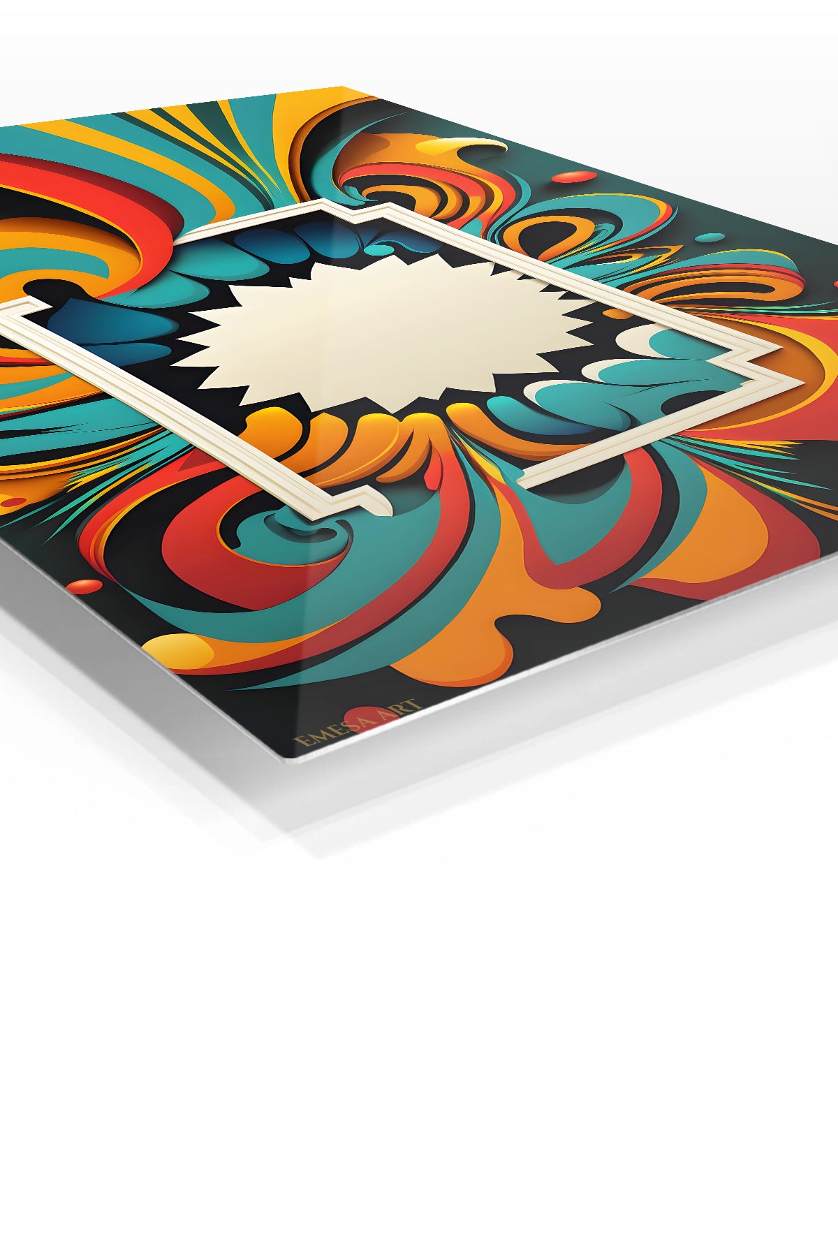 Orbiting Currents premium metal wall art – angled view