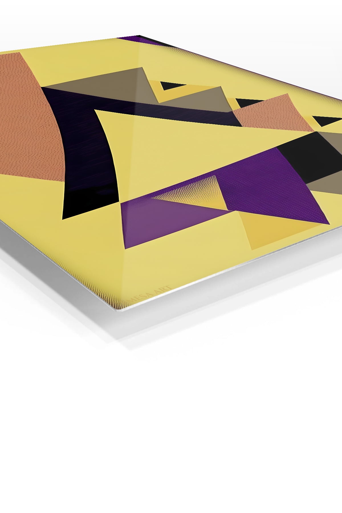Orbiting Saffron Forms premium metal wall art – angled view
