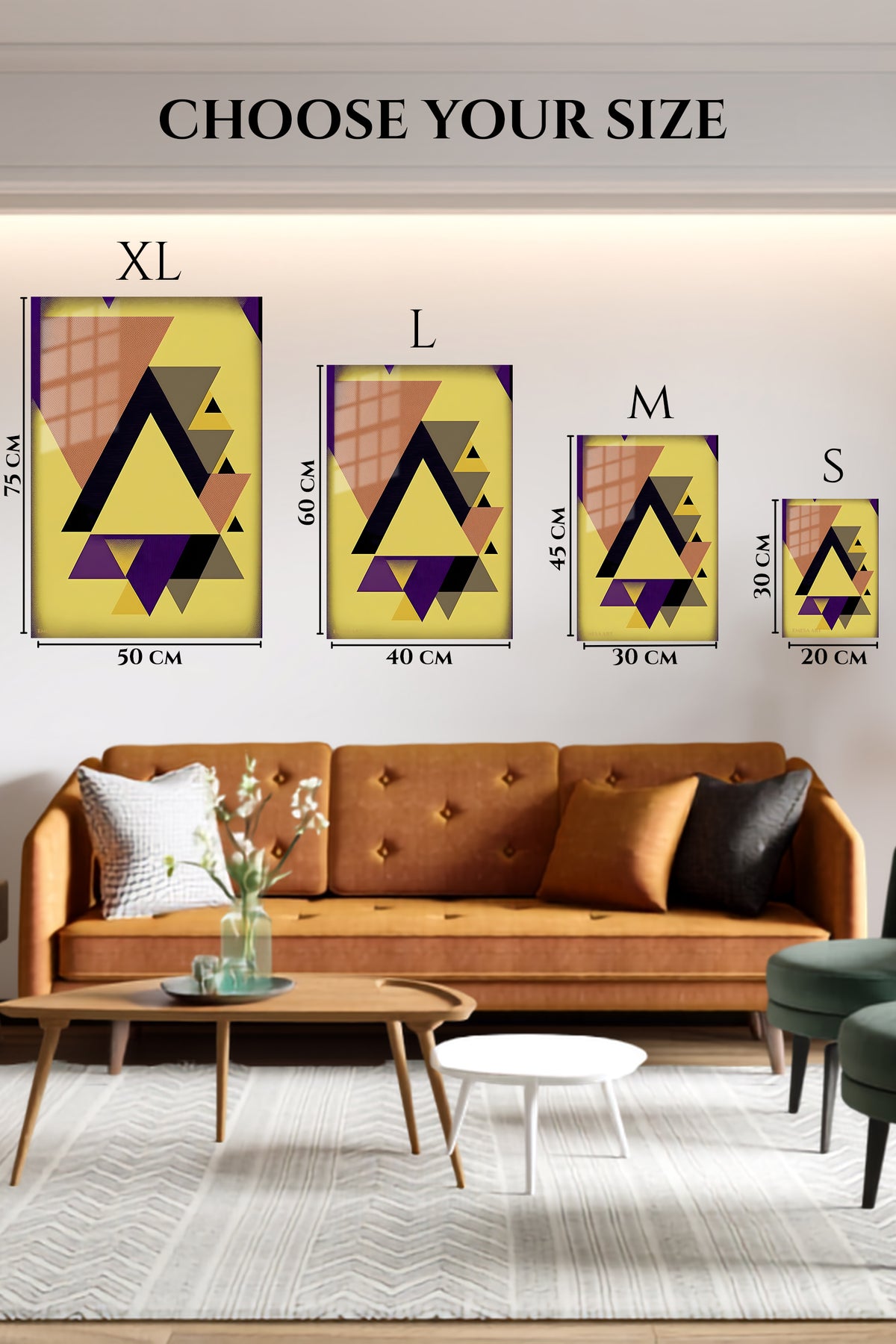 EMESA metal wall art size comparison guide for Orbiting Saffron Forms