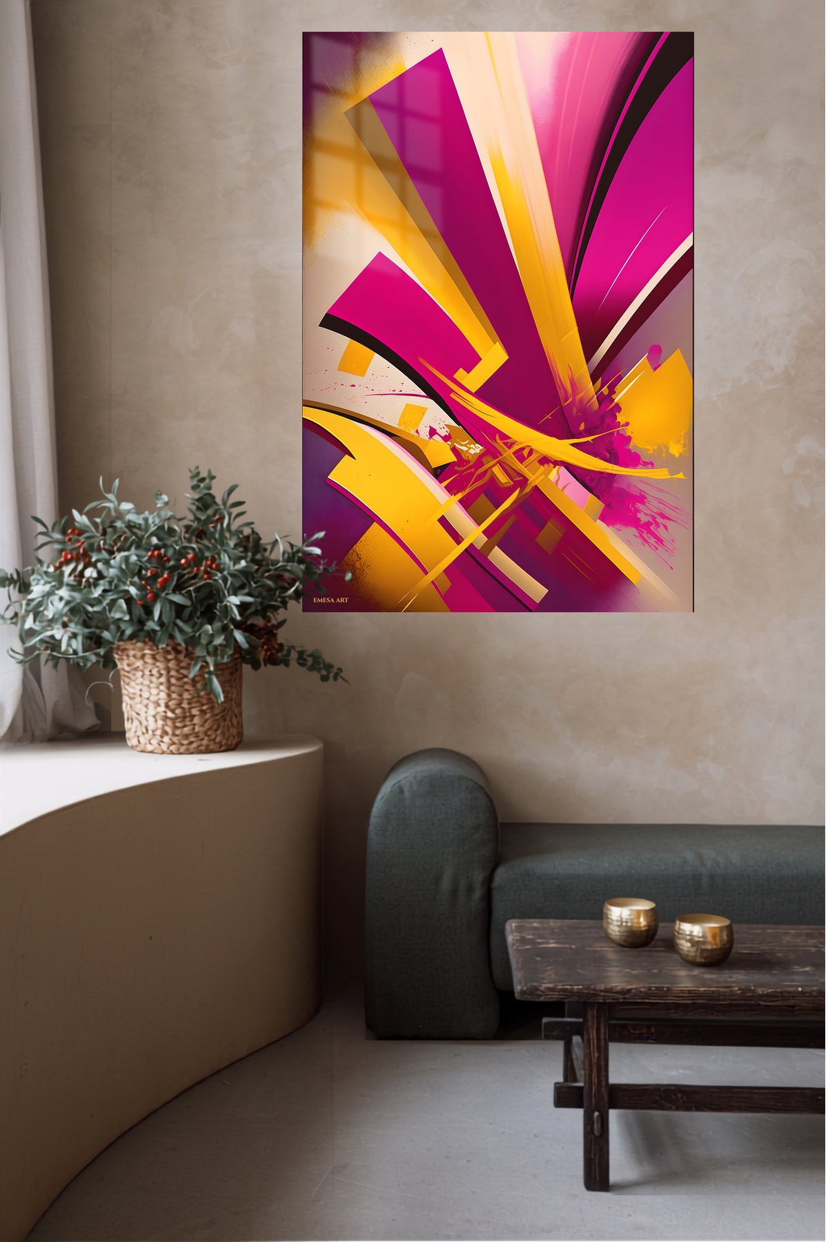 Golden Axis Abstract metal wall art displayed in a contemporary living space