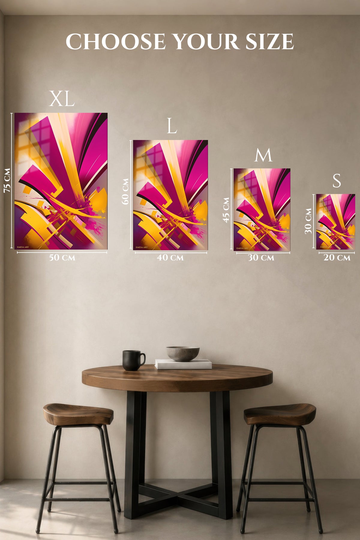 EMESA metal wall art size comparison guide for Golden Axis Abstract