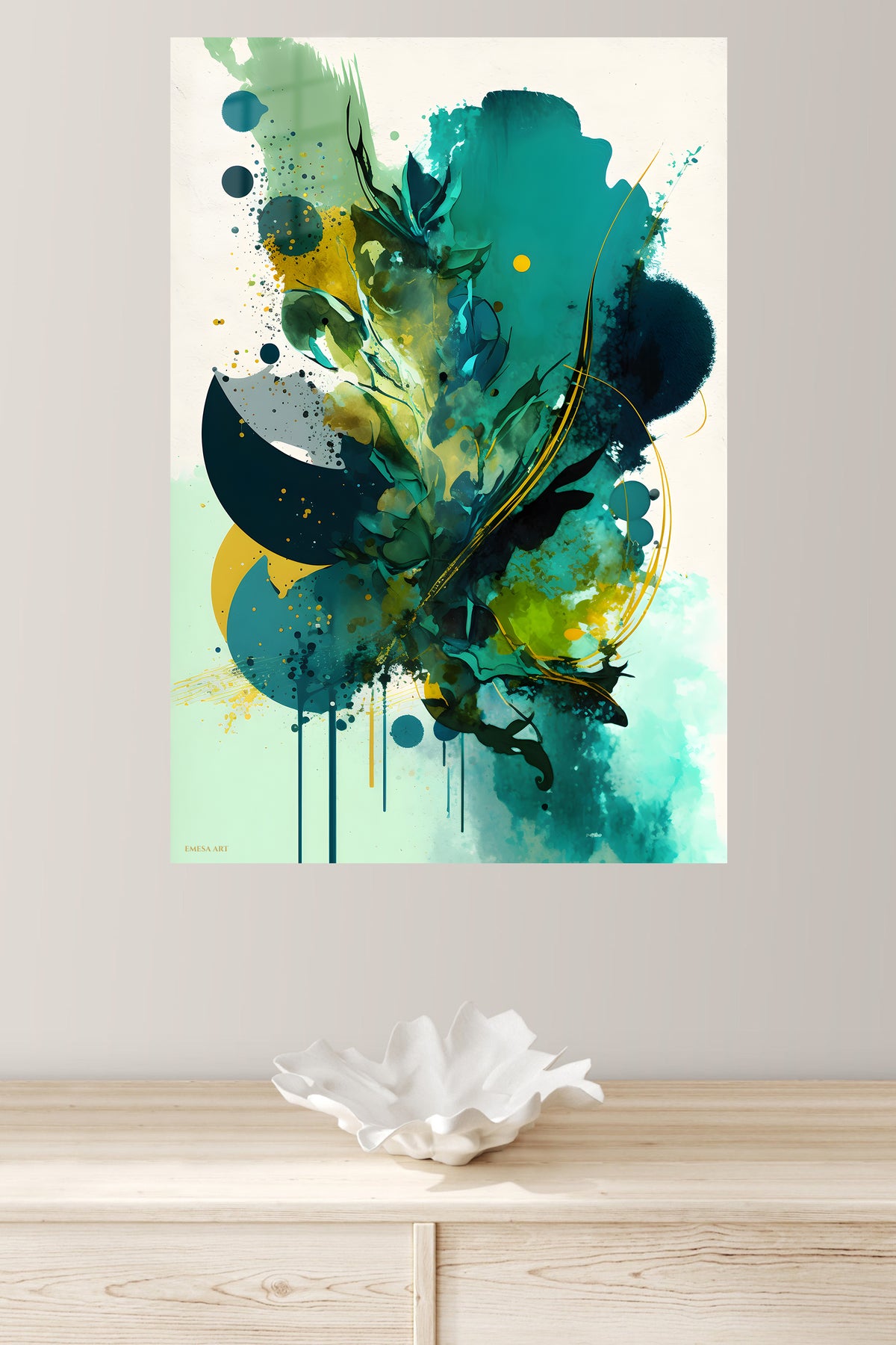 Teal Eclipse Geometry metal wall art displayed in a modern interior