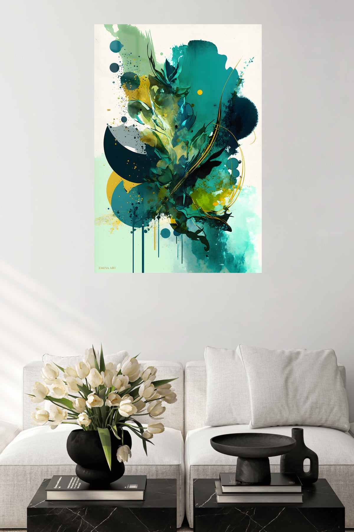 Teal Eclipse Geometry metal wall art displayed in a contemporary living space