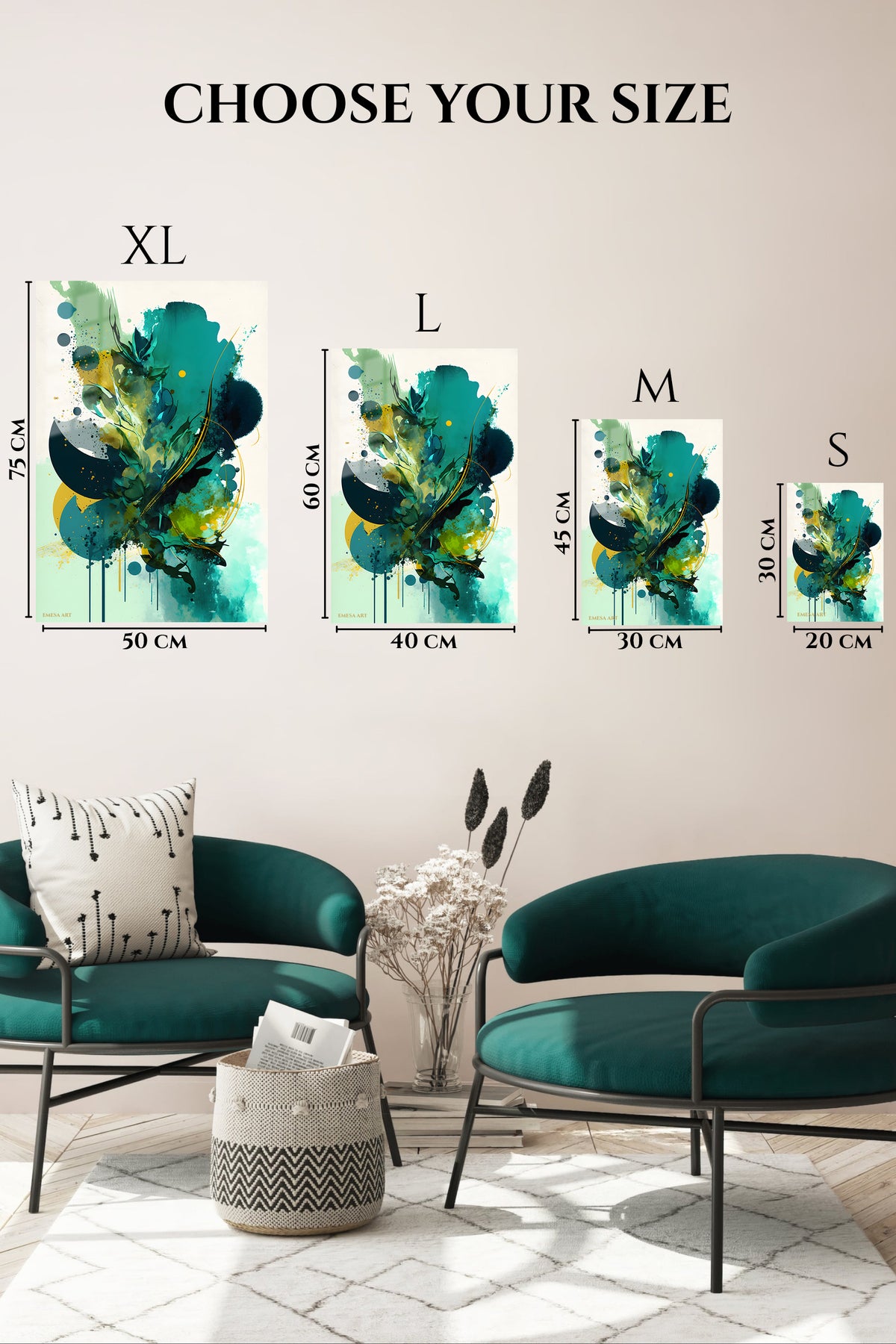 EMESA metal wall art size comparison guide for Teal Eclipse Geometry