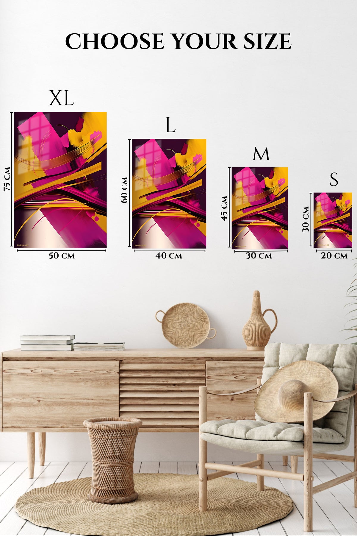 EMESA metal wall art size comparison guide for Ember and Tide