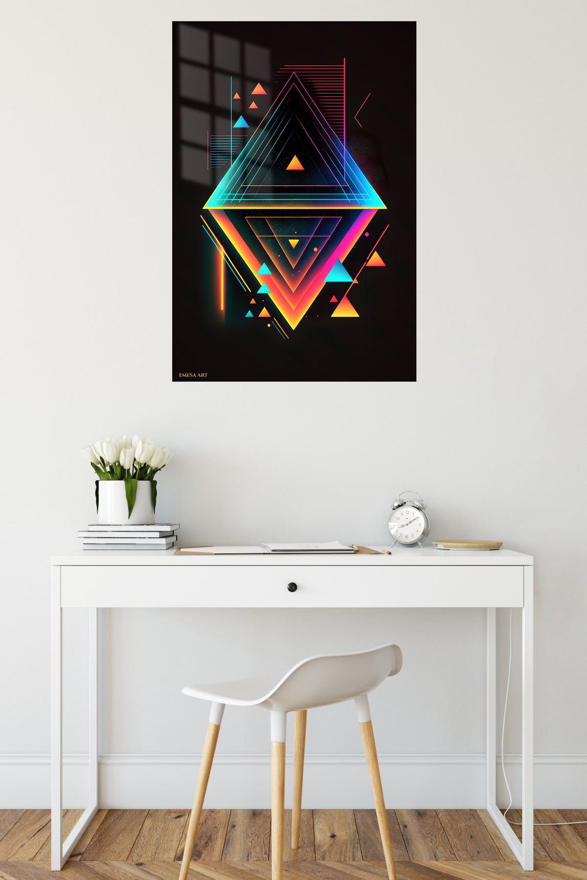 Chromatic Grid metal wall art displayed in a contemporary living space
