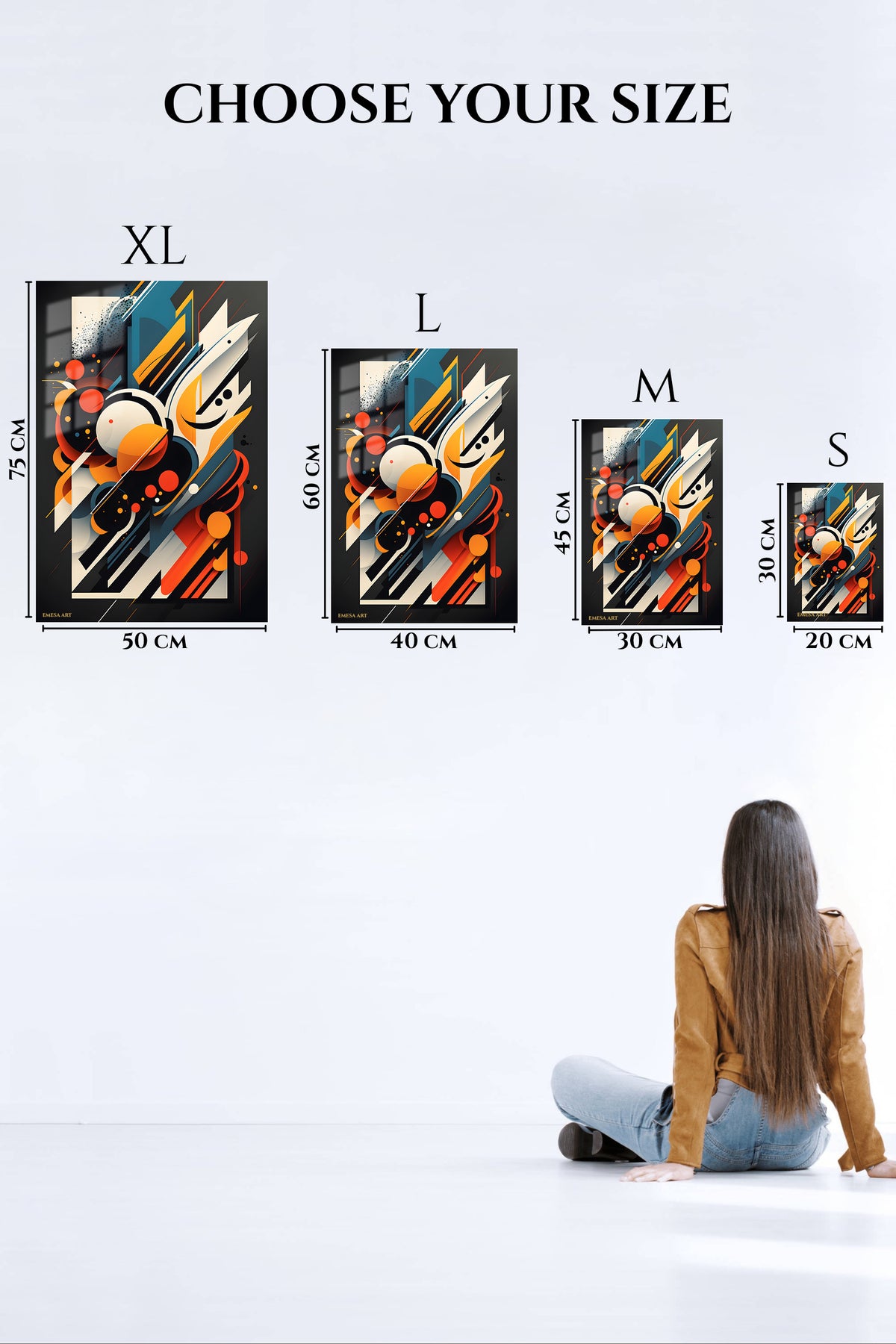 EMESA metal wall art size comparison guide for Retro Color Block Grid