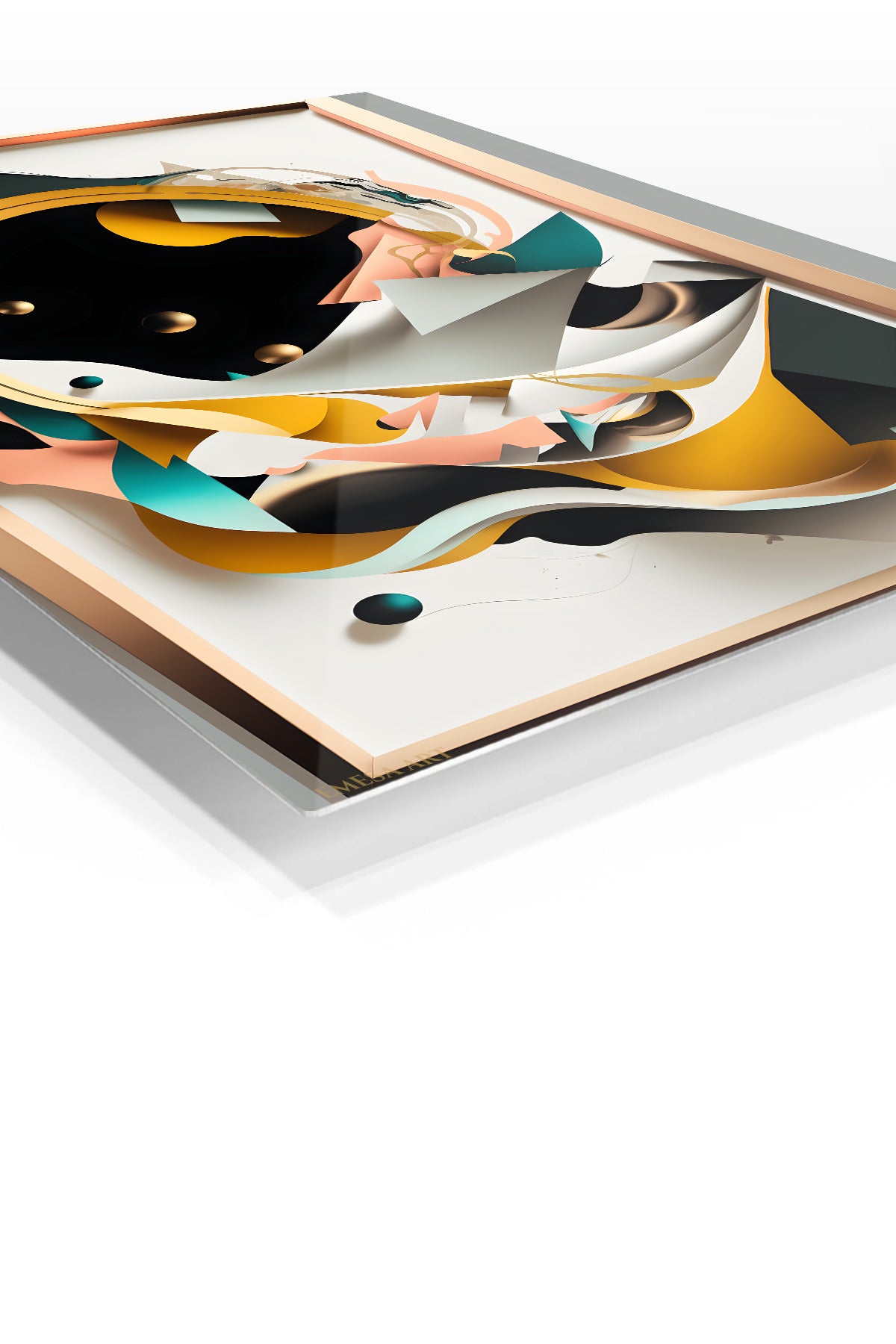 Teal and Gold Impact premium metal wall art – angled view