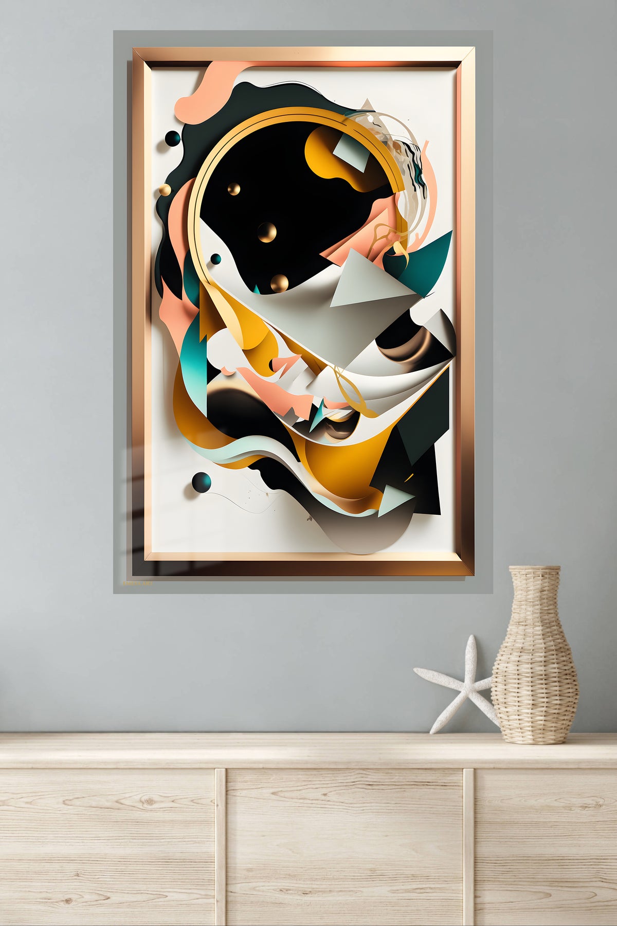 Teal and Gold Impact metal wall art displayed in a modern interior