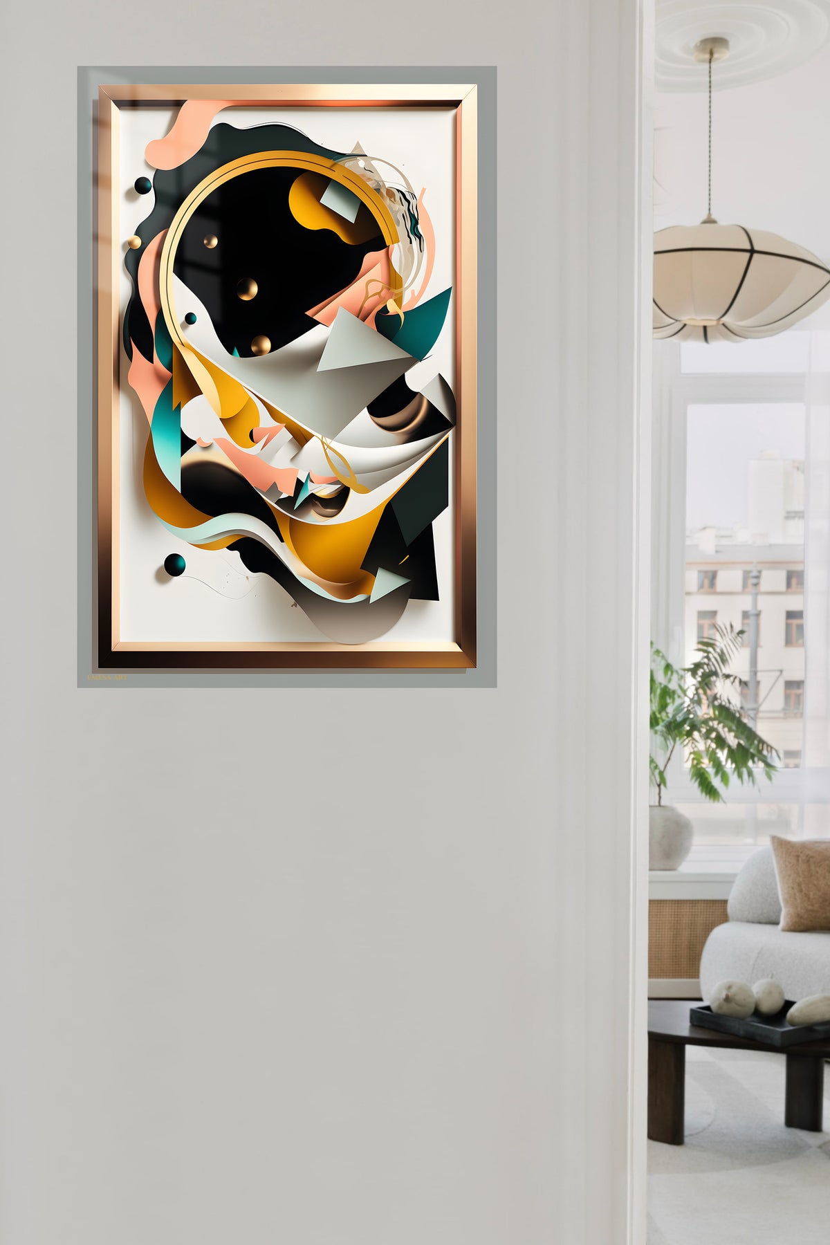 Teal and Gold Impact metal wall art displayed in a contemporary living space
