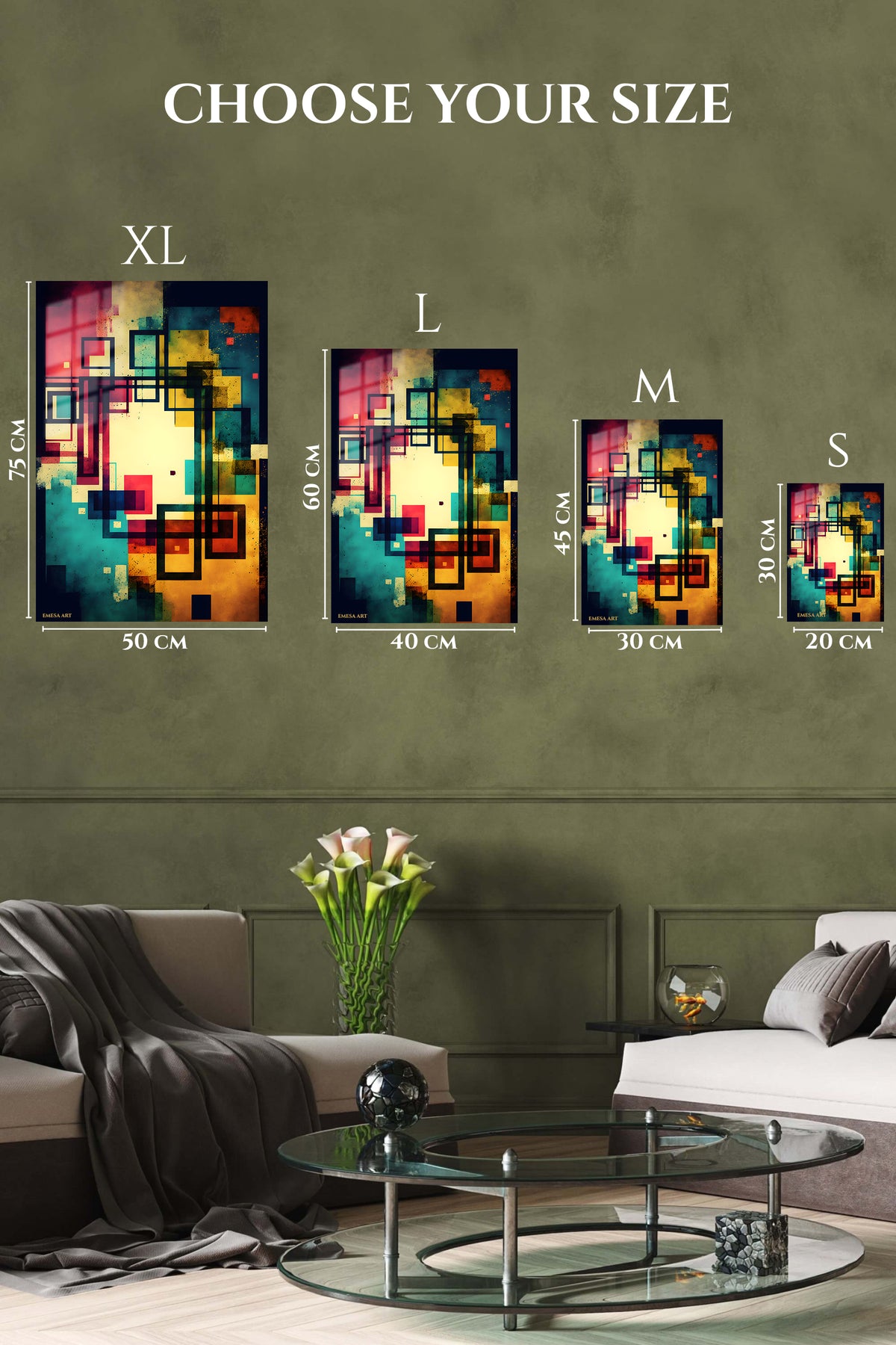 EMESA metal wall art size comparison guide for Chromatic Grid Echoes