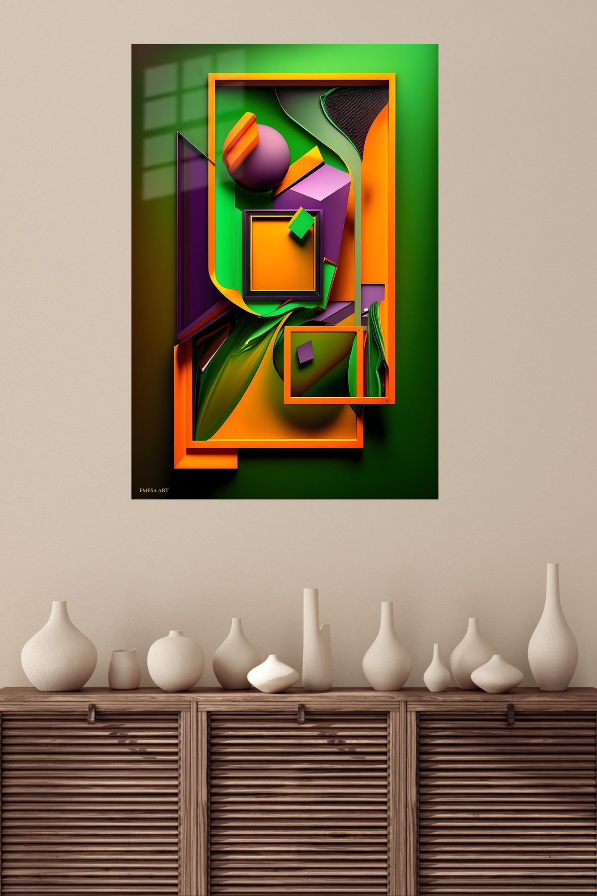 Three Figures in Color metal wall art displayed in a modern interior