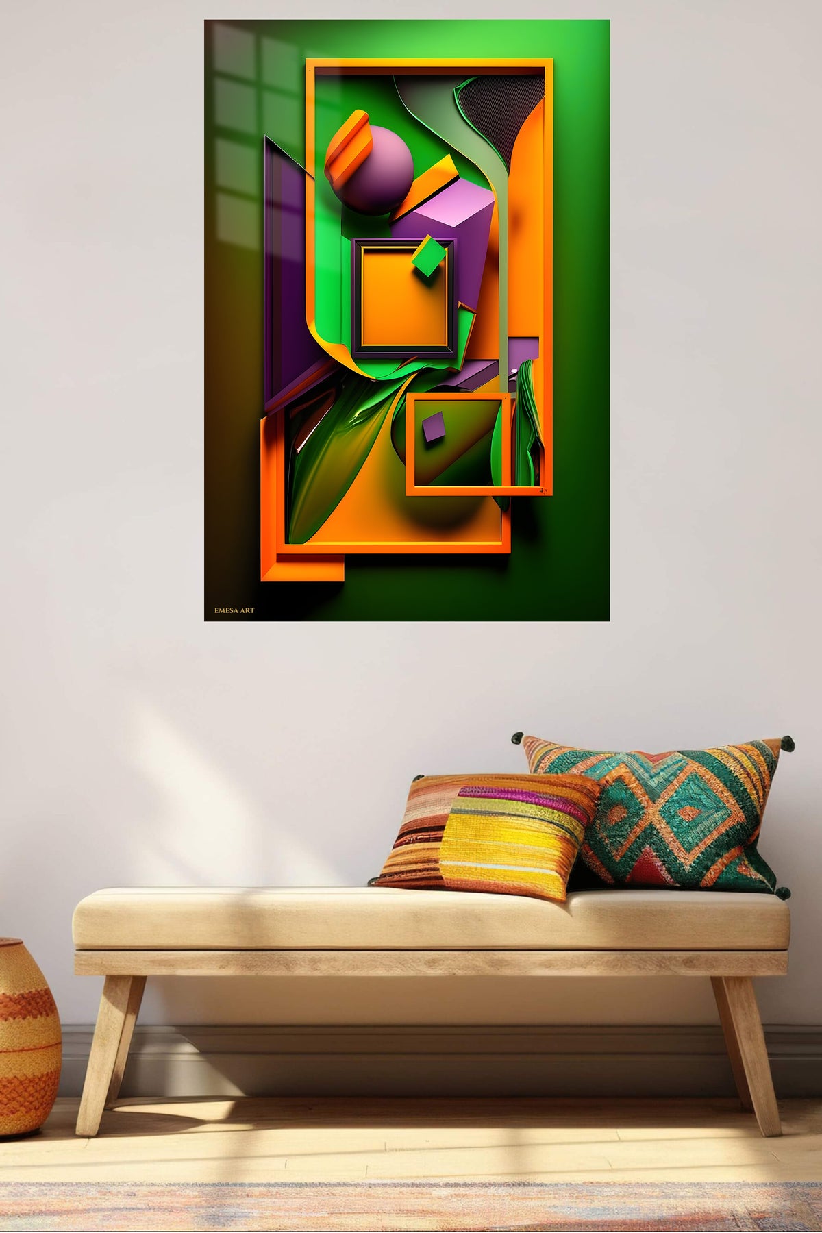 Three Figures in Color metal wall art displayed in a contemporary living space