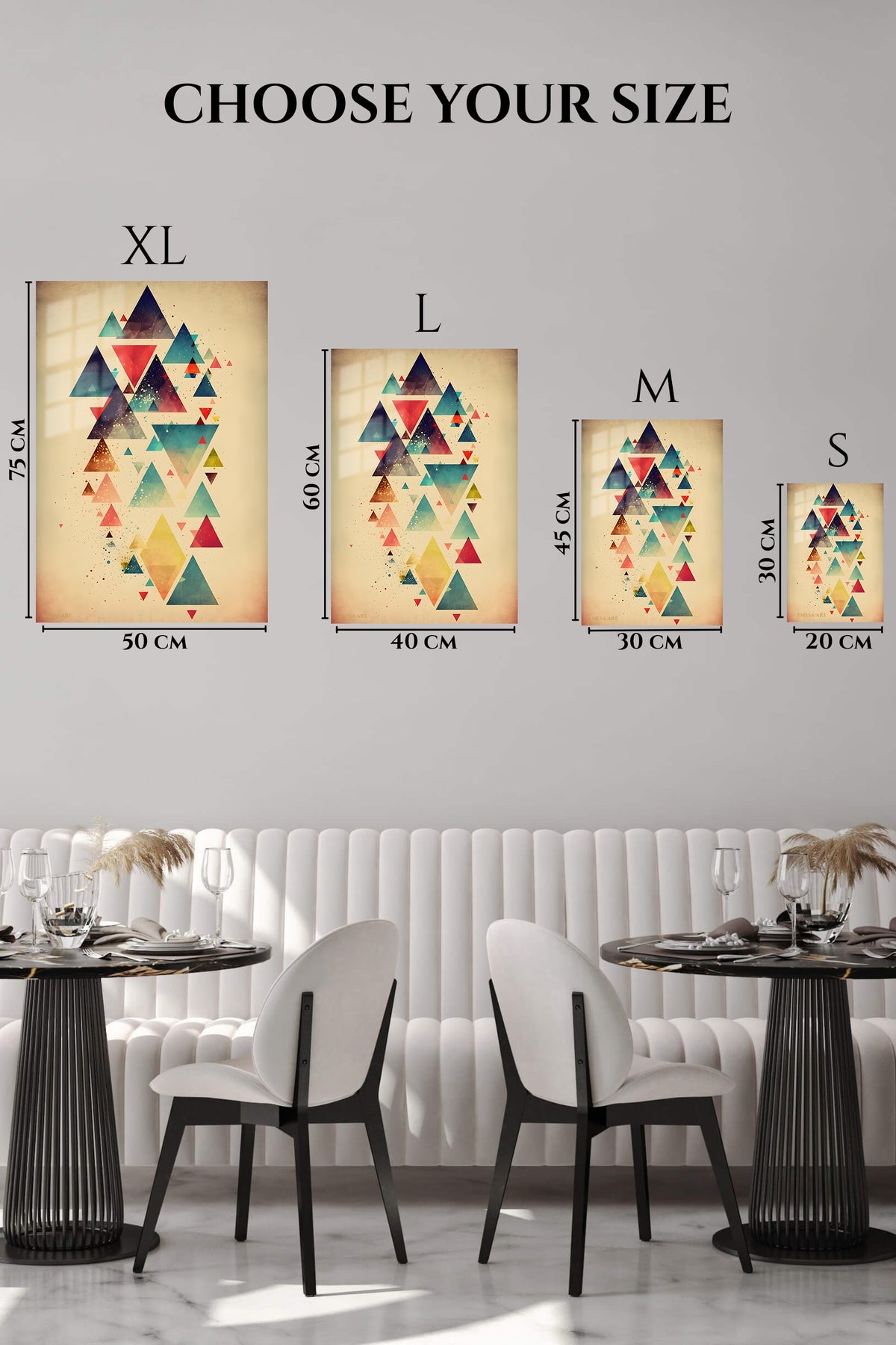EMESA metal wall art size comparison guide for Teal and Gold Fractured Layers