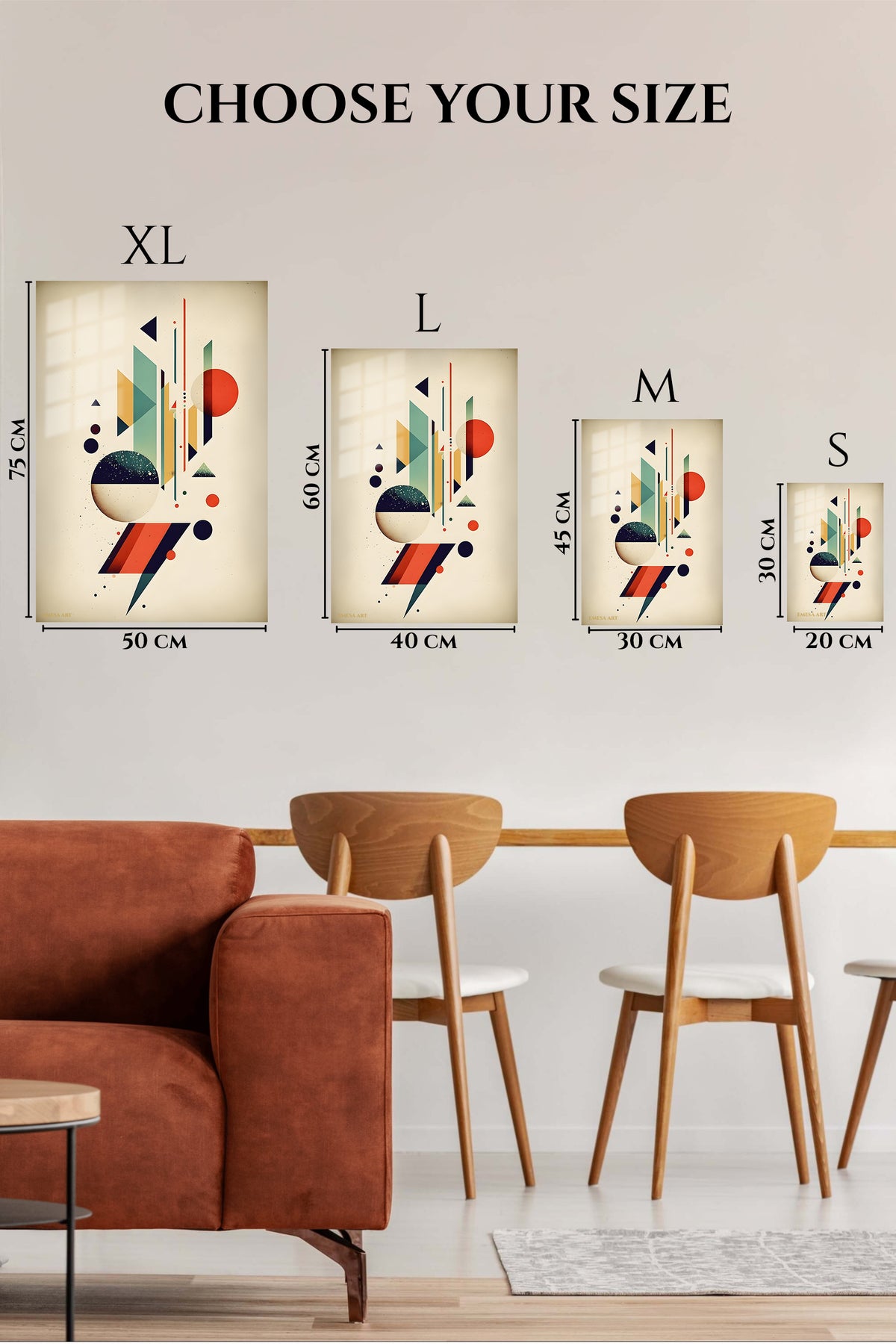 EMESA metal wall art size comparison guide for Orbiting Color Forms