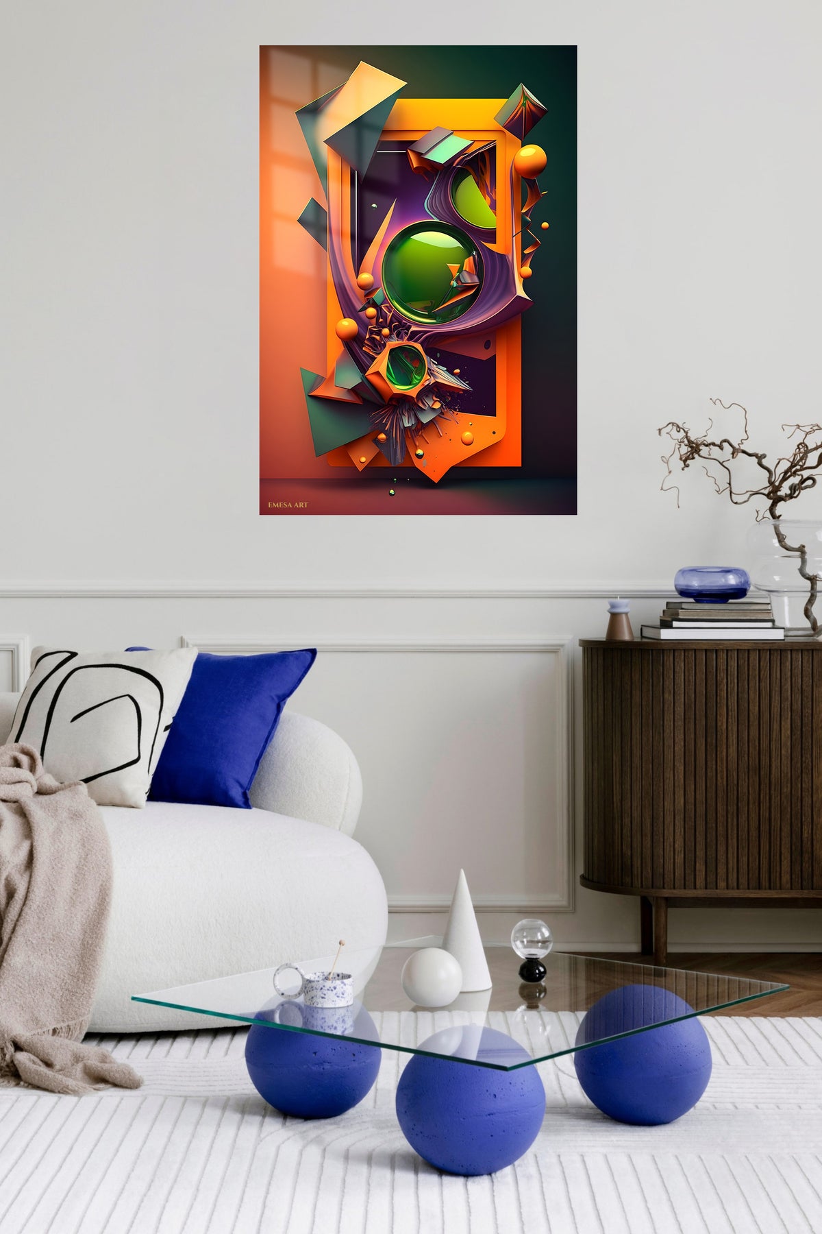 Layered Geometric Balance metal wall art displayed in a contemporary living space