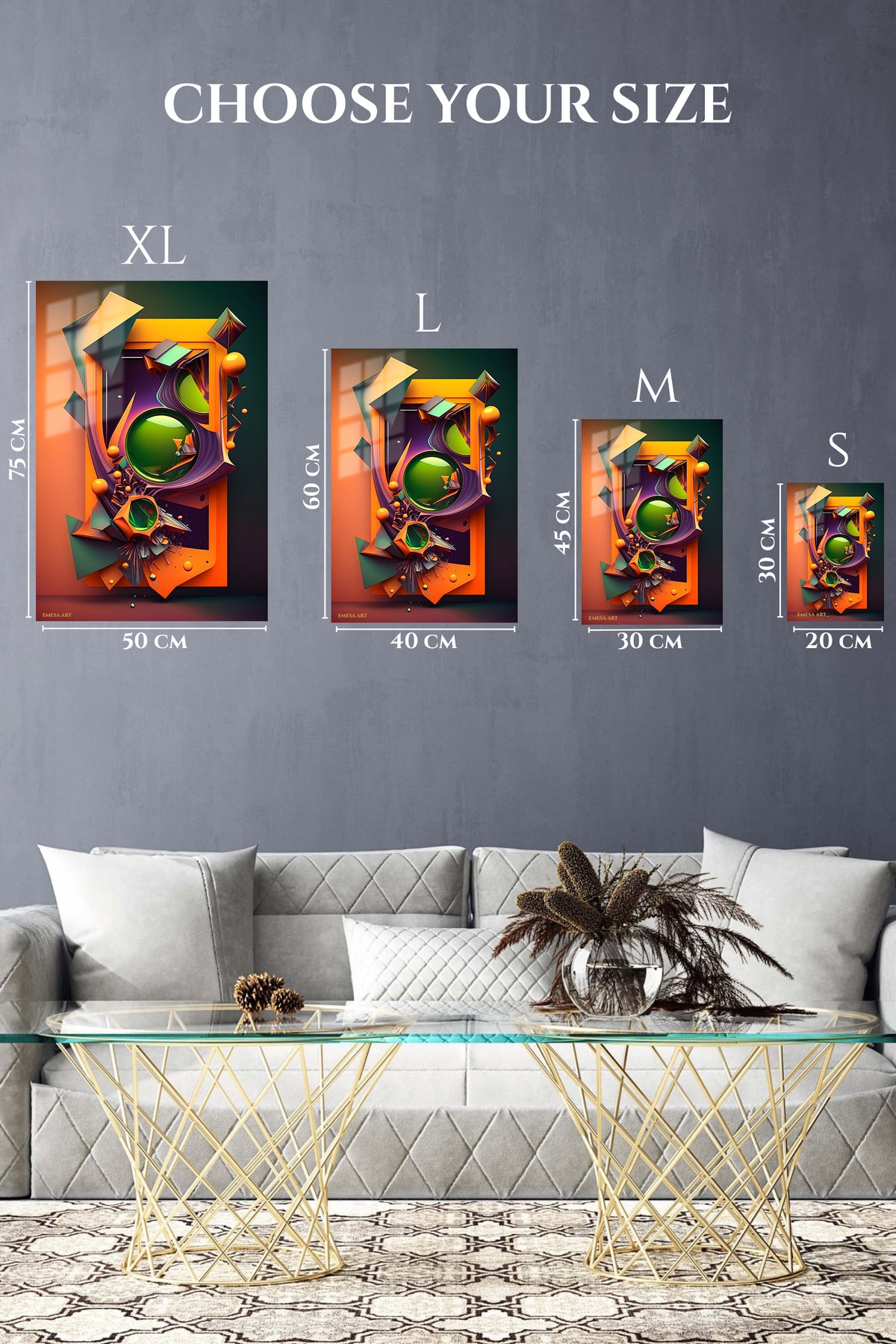 EMESA metal wall art size comparison guide for Layered Geometric Balance