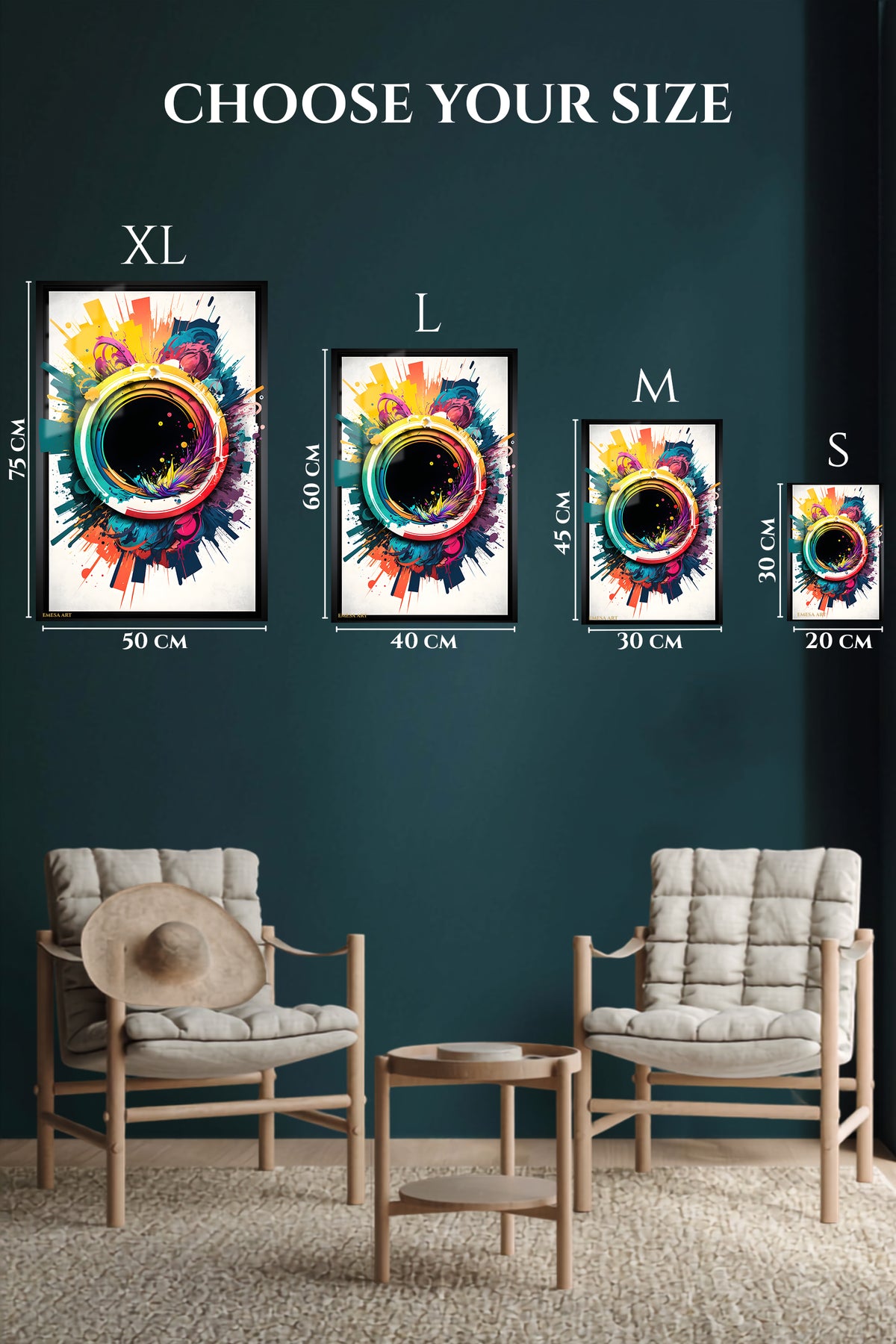 EMESA metal wall art size comparison guide for Amber Orbital Ribbons