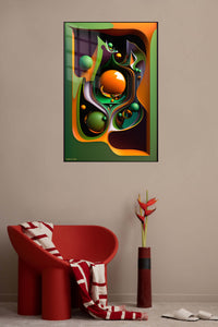 Crimson Green Geometry metal wall art displayed in a contemporary living space