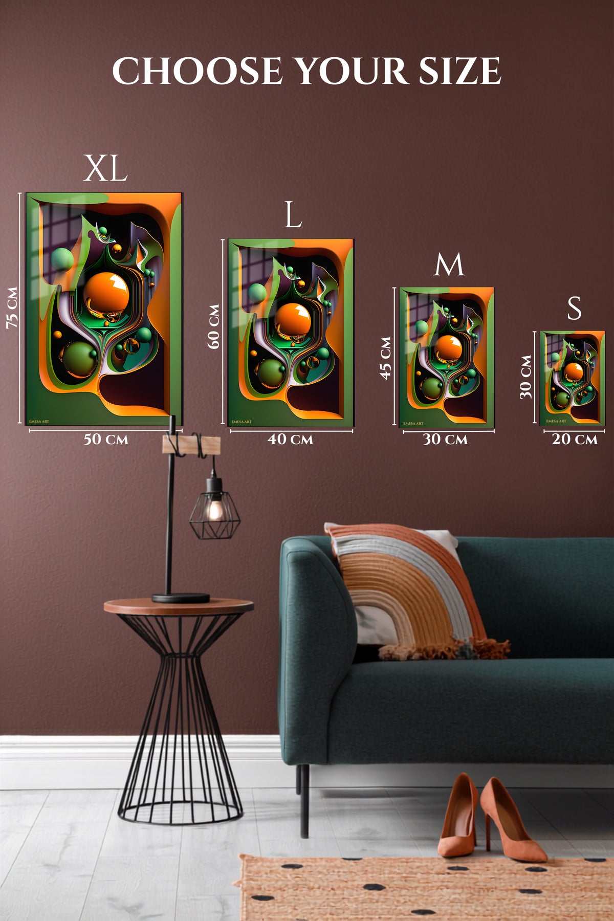 EMESA metal wall art size comparison guide for Crimson Green Geometry