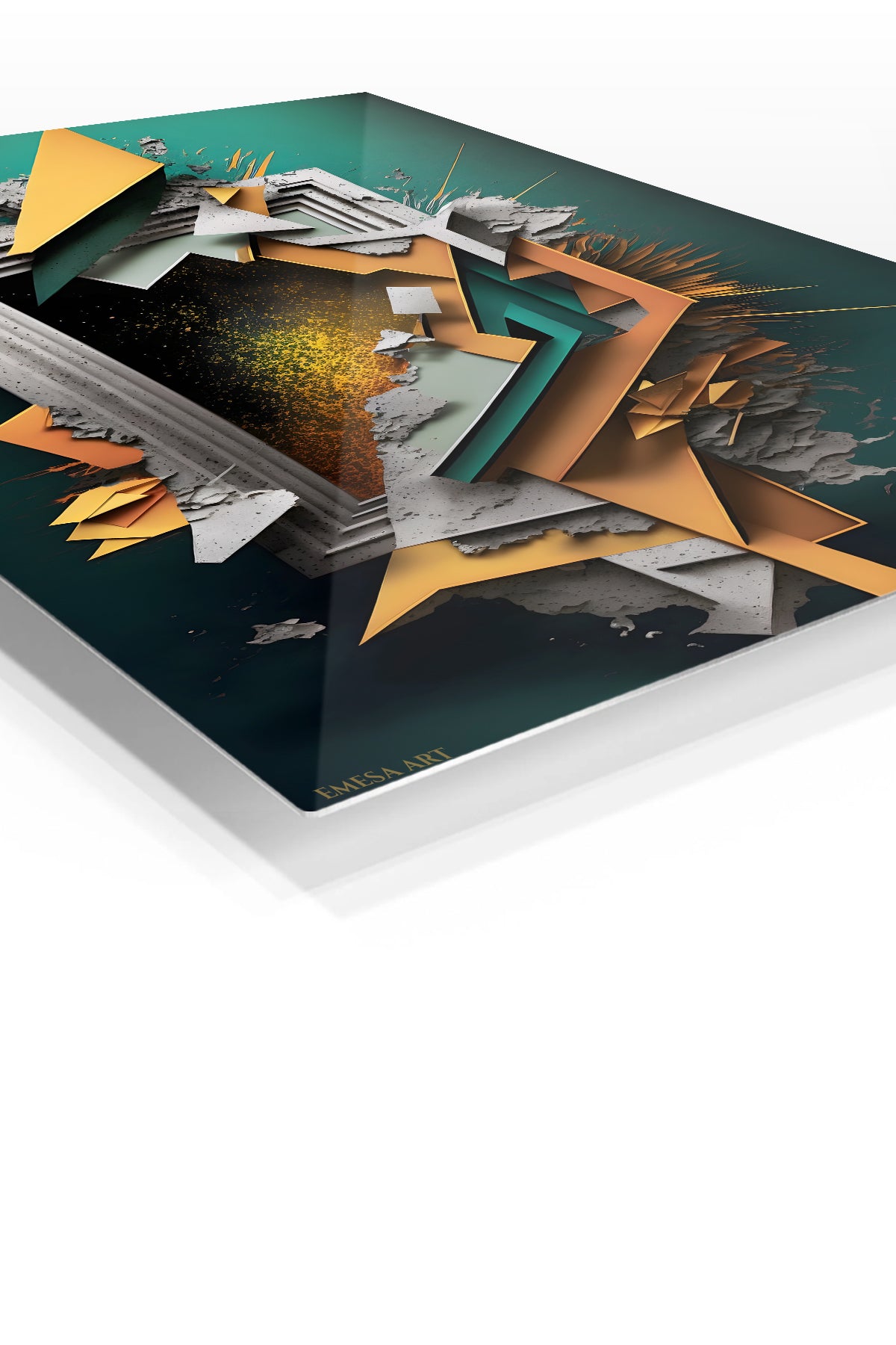 Teal and Gold Cascade premium metal wall art – angled view