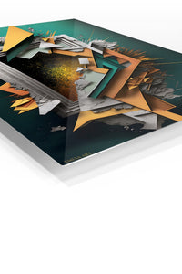 Teal and Gold Cascade premium metal wall art – angled view
