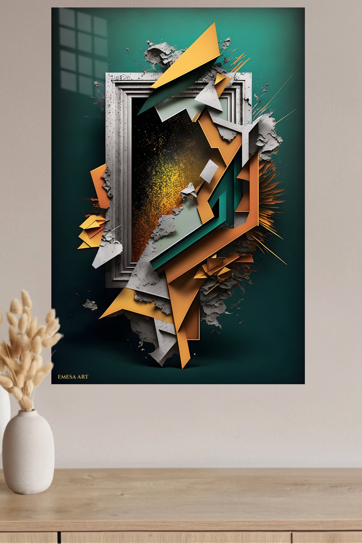 Teal and Gold Cascade metal wall art displayed in a modern interior