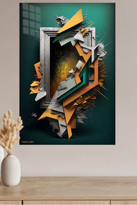 Teal and Gold Cascade metal wall art displayed in a modern interior