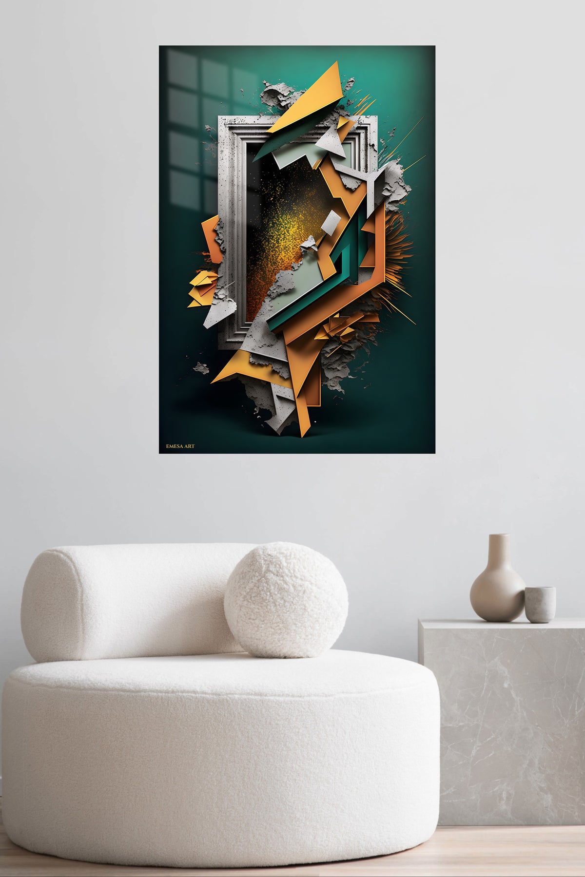 Teal and Gold Cascade metal wall art displayed in a contemporary living space
