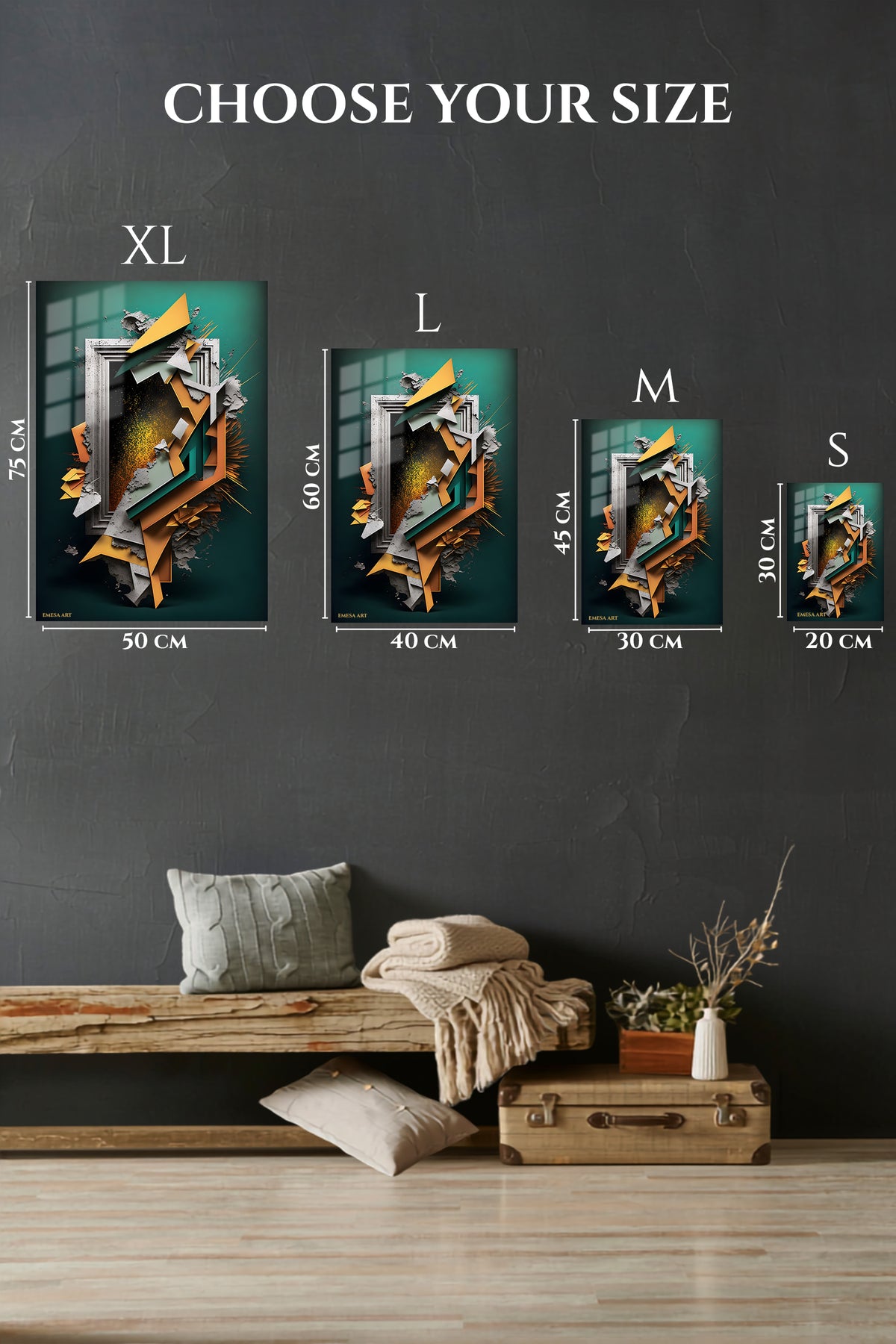 EMESA metal wall art size comparison guide for Teal and Gold Cascade