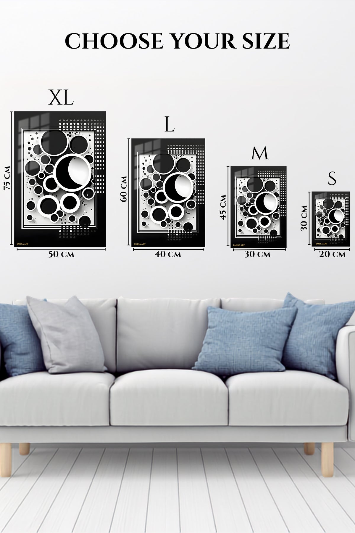 EMESA metal wall art size comparison guide for Layered Spectrum Geometry