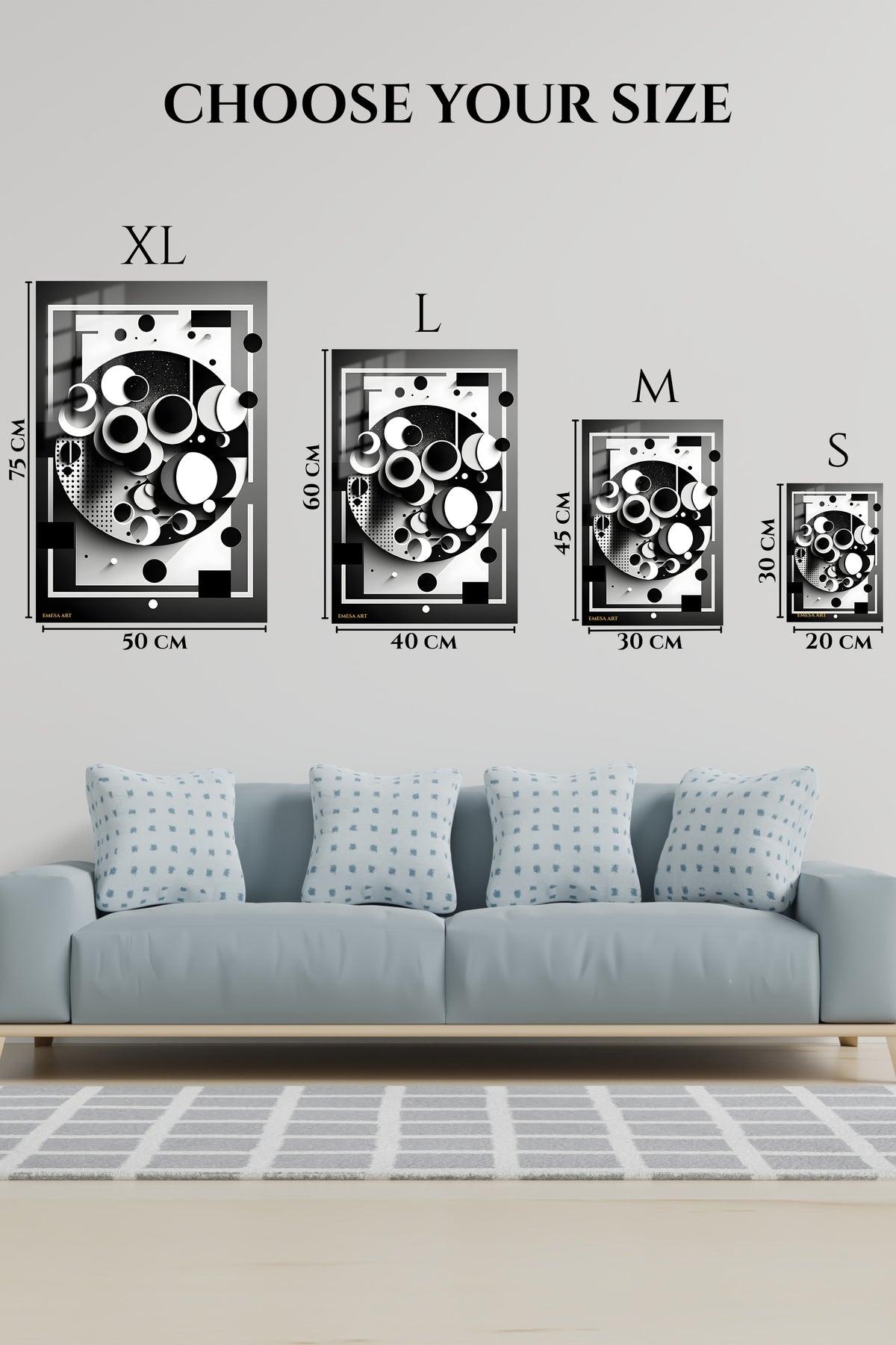 EMESA metal wall art size comparison guide for Amber Axis