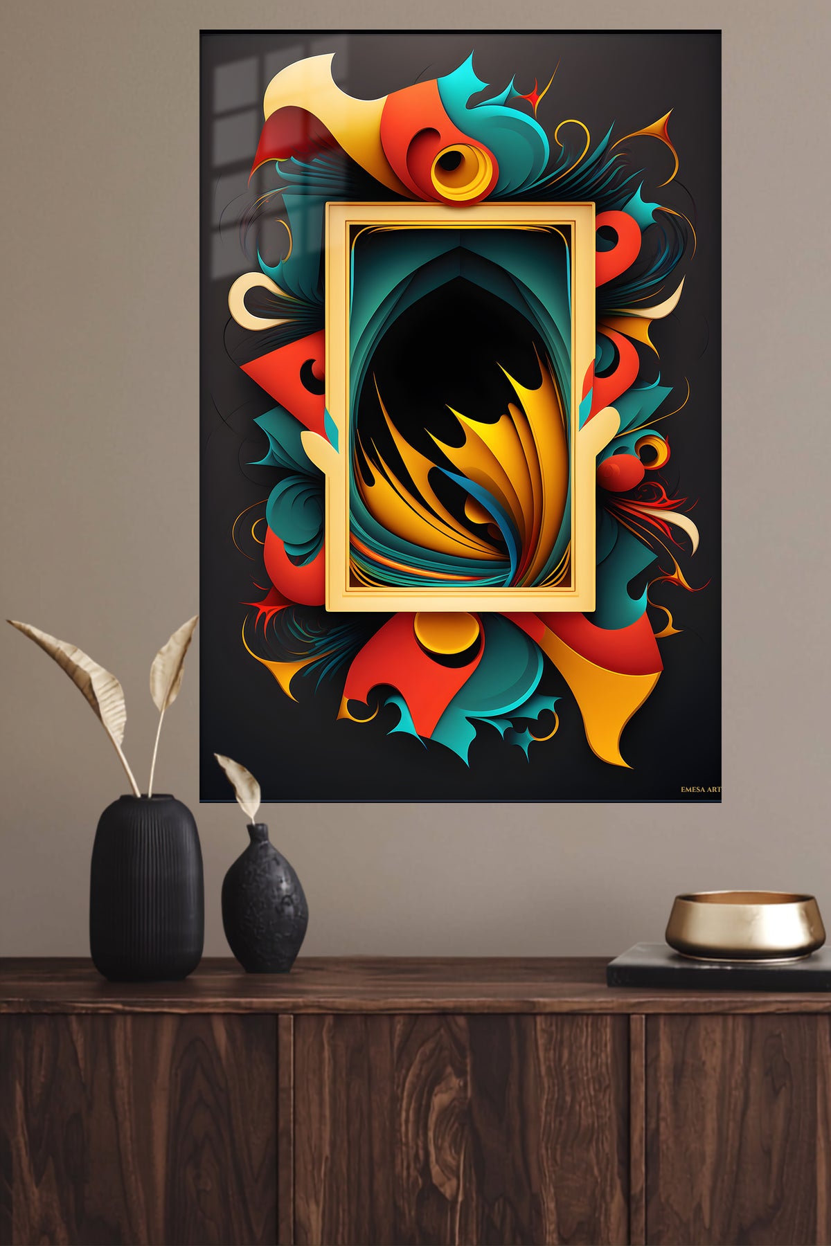 Rhythmic Geometric Orbits metal wall art displayed in a modern interior