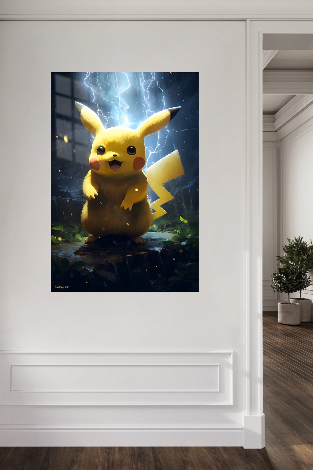 Electric Yellow Creature metal wall art displayed in a contemporary living space