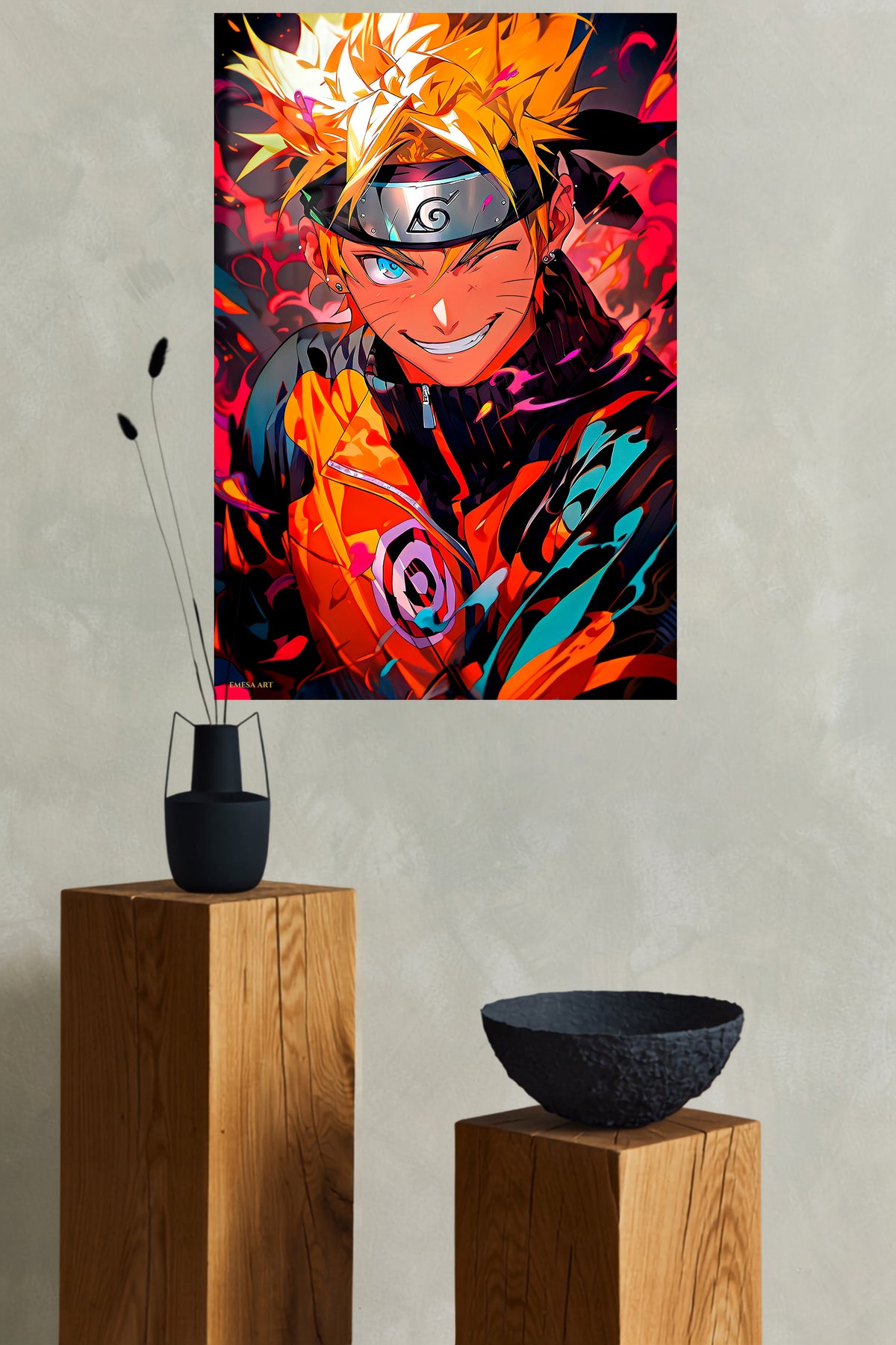 Fiery Ninja Hero Portrait metal wall art displayed in a modern interior
