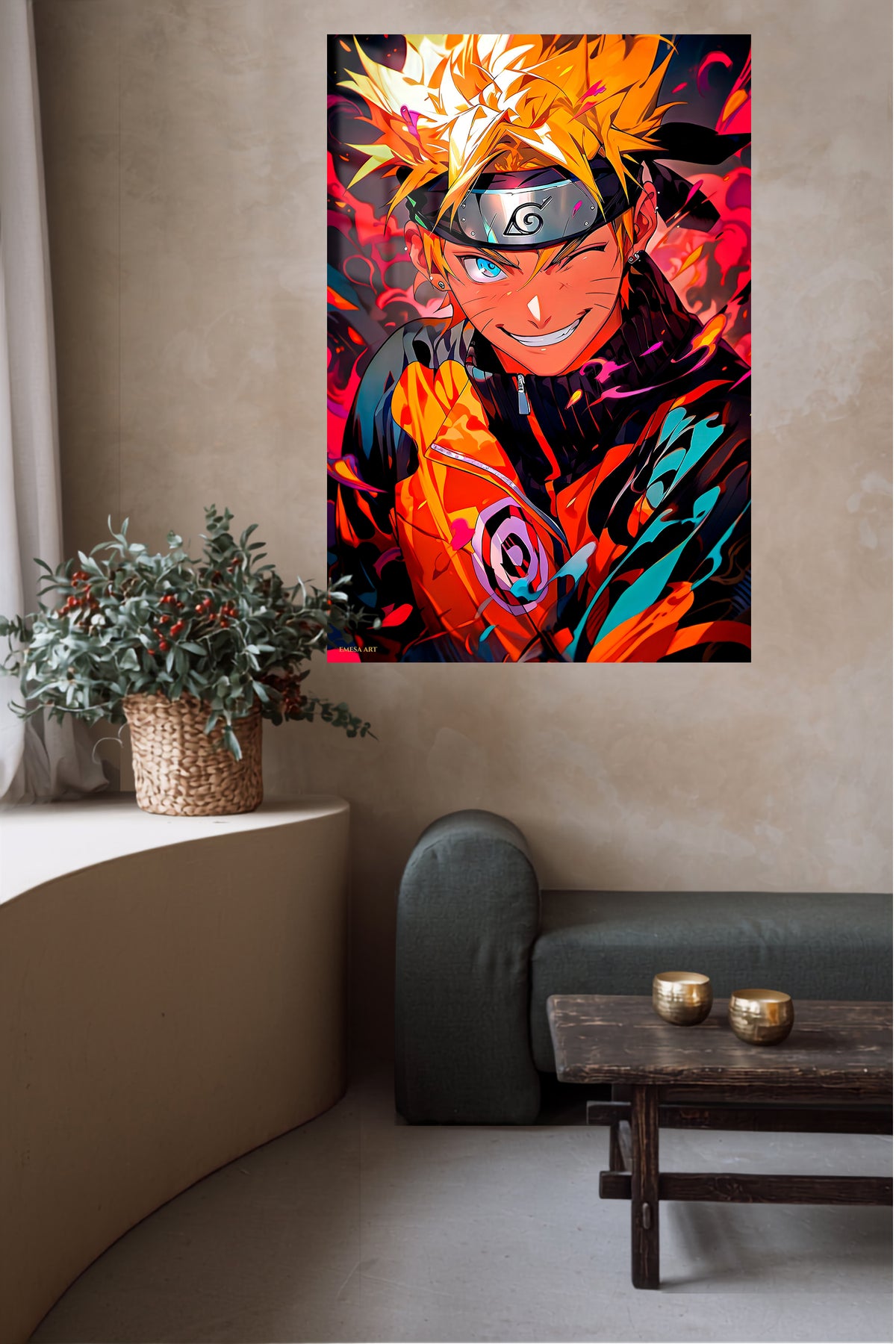 Fiery Ninja Hero Portrait metal wall art displayed in a contemporary living space