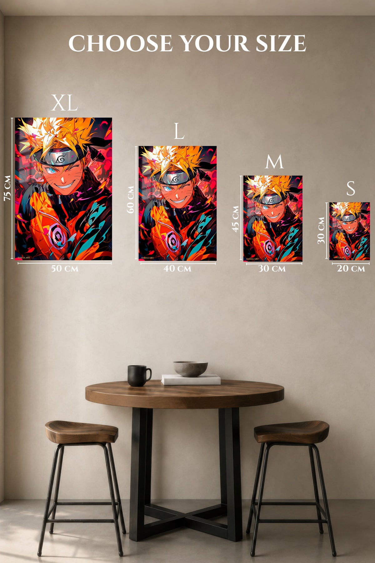 EMESA metal wall art size comparison guide for Fiery Ninja Hero Portrait