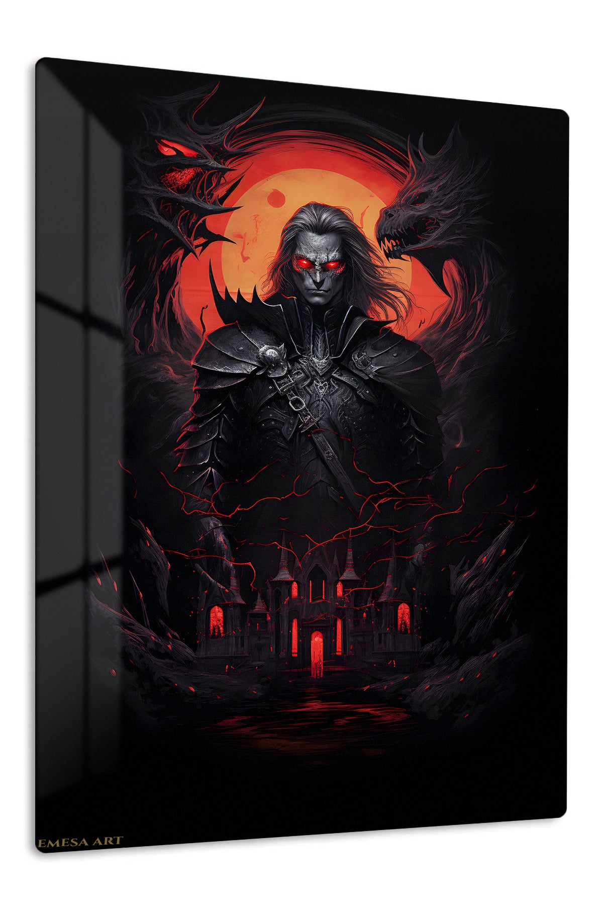 Crimson Shadow Warrior premium metal wall art – front view
