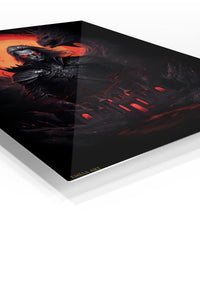 Crimson Shadow Warrior premium metal wall art – angled view