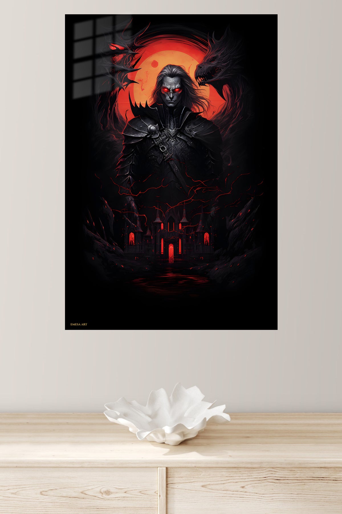 Crimson Shadow Warrior metal wall art displayed in a modern interior