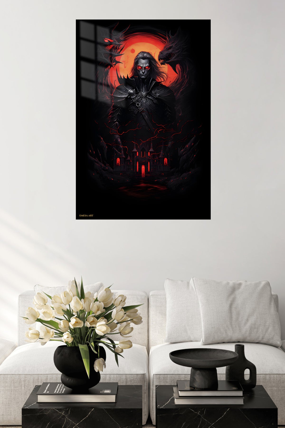 Crimson Shadow Warrior metal wall art displayed in a contemporary living space
