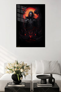 Crimson Shadow Warrior metal wall art displayed in a contemporary living space