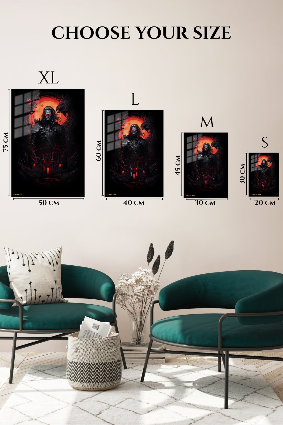 EMESA metal wall art size comparison guide for Crimson Shadow Warrior