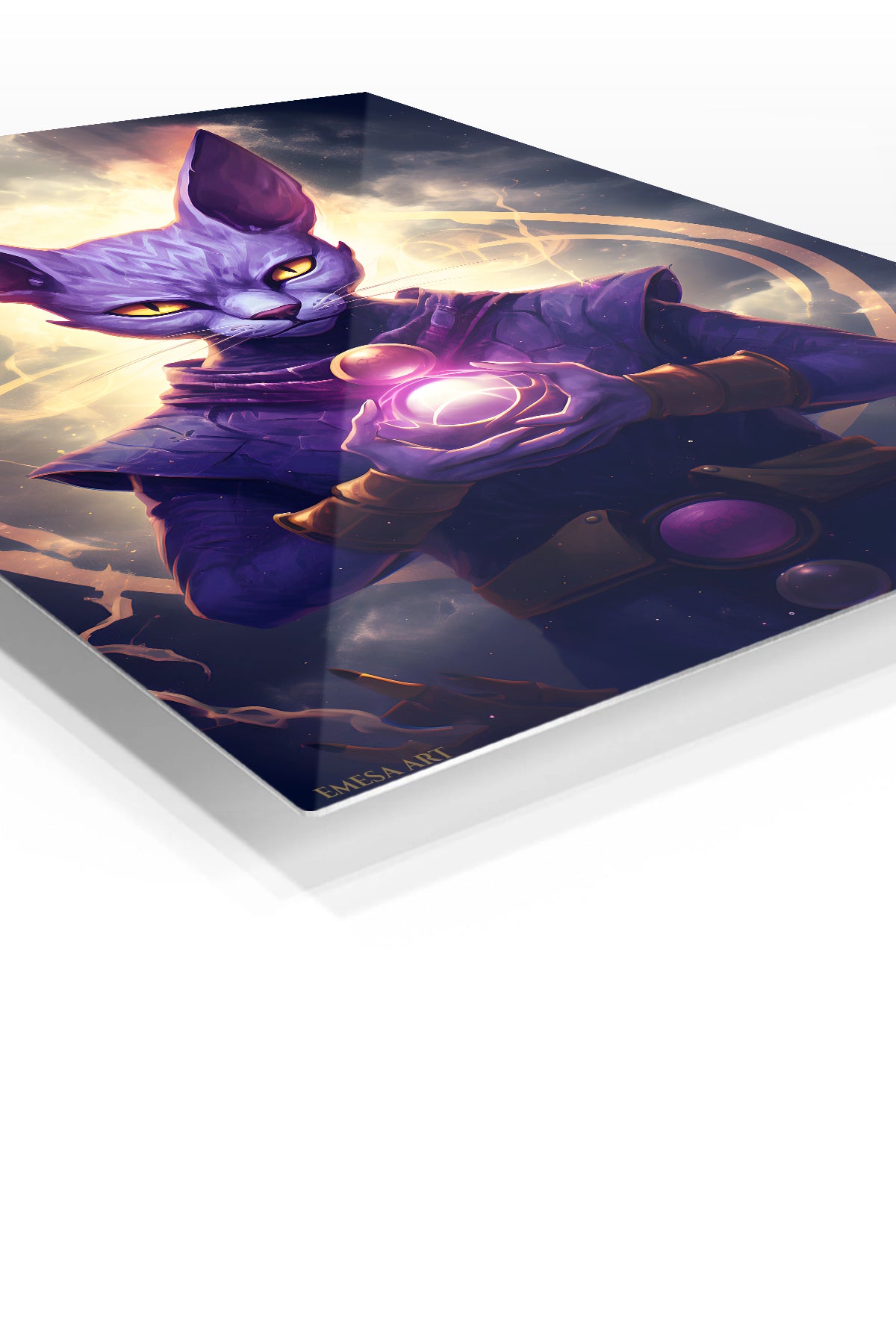 Mystic Purple Feline Guardian premium metal wall art – angled view