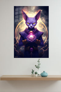 Mystic Purple Feline Guardian metal wall art displayed in a modern interior