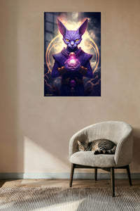 Mystic Purple Feline Guardian metal wall art displayed in a contemporary living space
