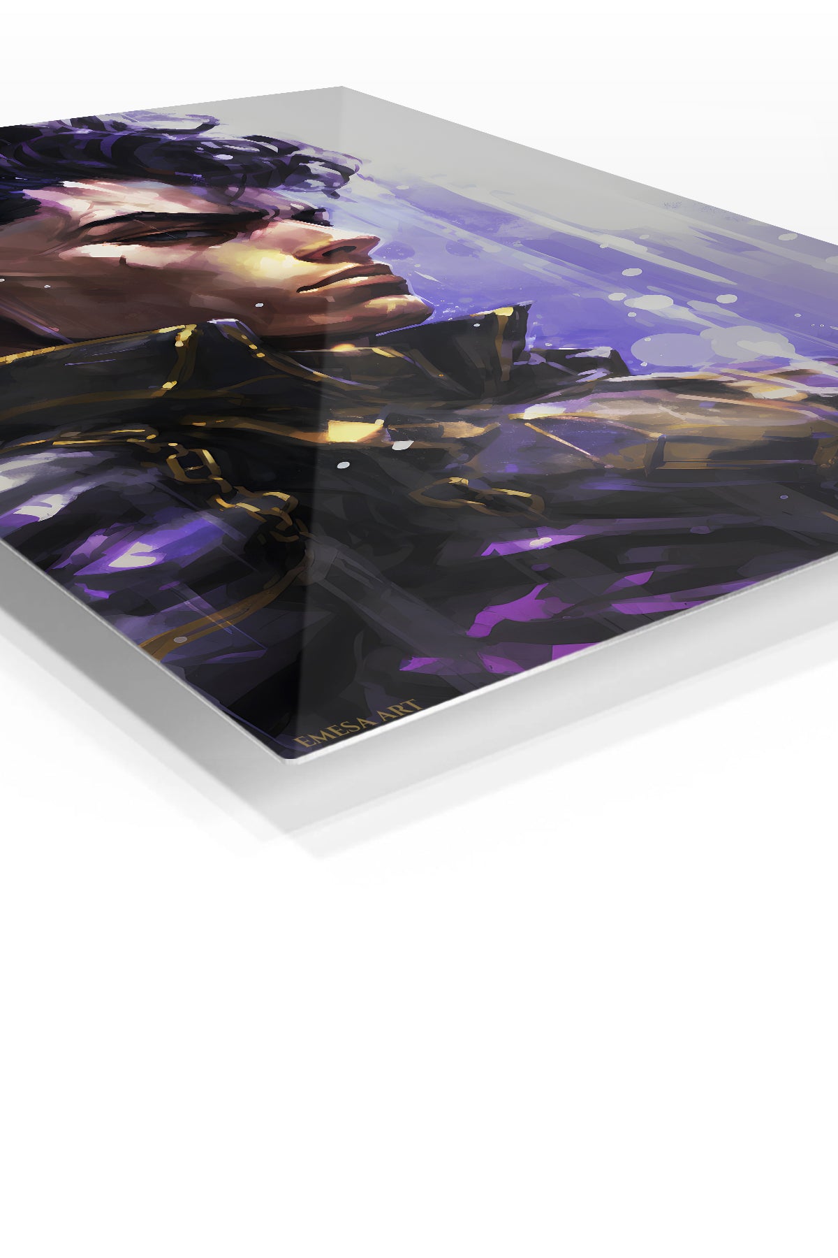 Violet Futuristic Warrior premium metal wall art – angled view