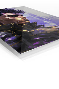 Violet Futuristic Warrior premium metal wall art – angled view