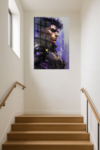 Violet Futuristic Warrior metal wall art displayed in a contemporary living space